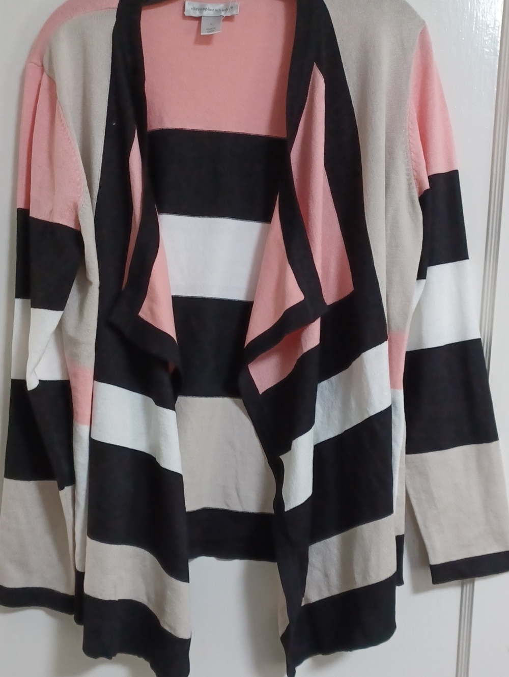 Christopher & Banks Pink, Black & Cream Striped Open-Front Cardigan